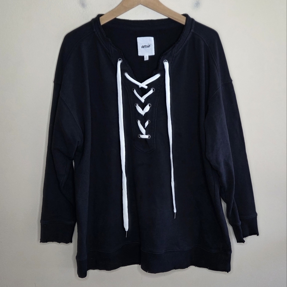 Aerie Faded Washed Black Laced Up Sweatshirt Size Small